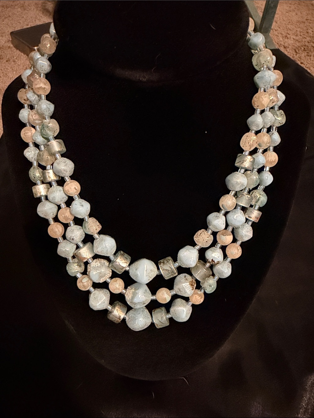 Multi-Strand Pale Blue and Rose Gold Beaded Necklace - Japan